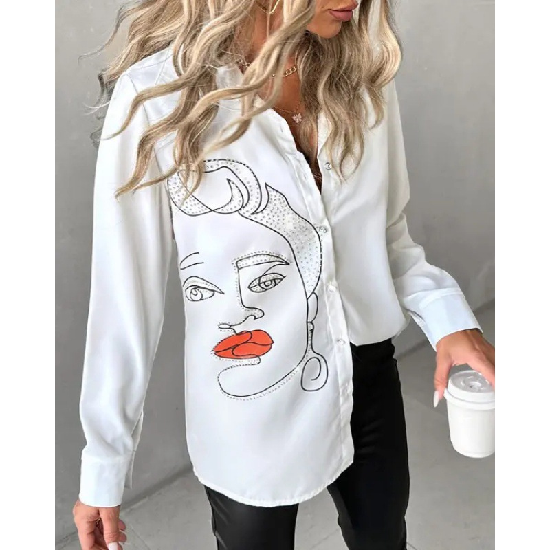 Women's Rhinestone Printed Long-Sleeved Shirt
