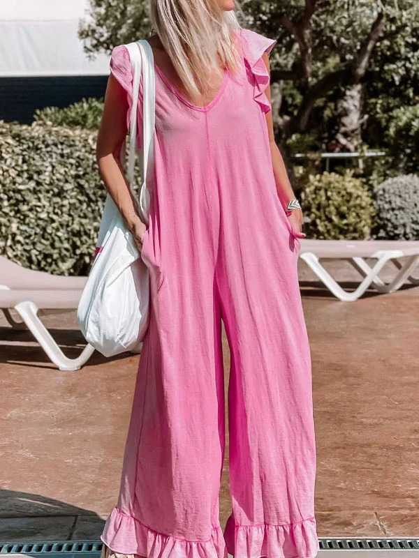 Comfortable V-neck Flounced Leisure Jumpsuit