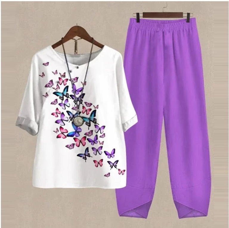 Five-Quarter Sleeve Printed Top Two-Piece Pants
