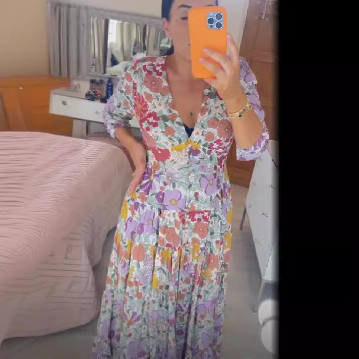 V-neck Floral Seaside Holiday Beach Skirt Loose Long Dress