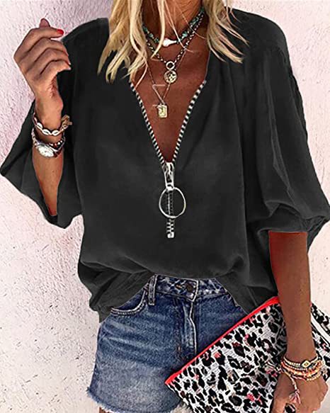 Solid Color Long Sleeve V-neck Zipper Shirt Top