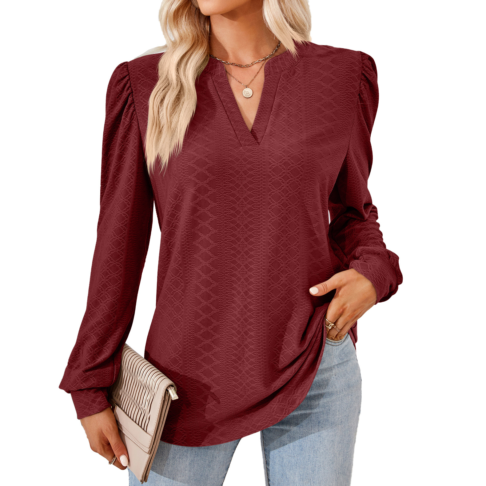 Solid Color and V-neck Jacquard Long Sleeve Loose T-shirt