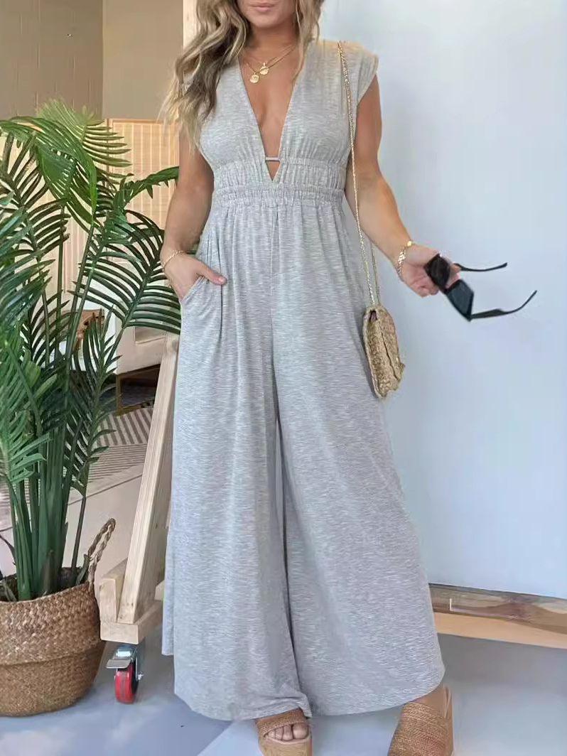 V-neck Smocking Sleeveless Long Wide-Leg Pants