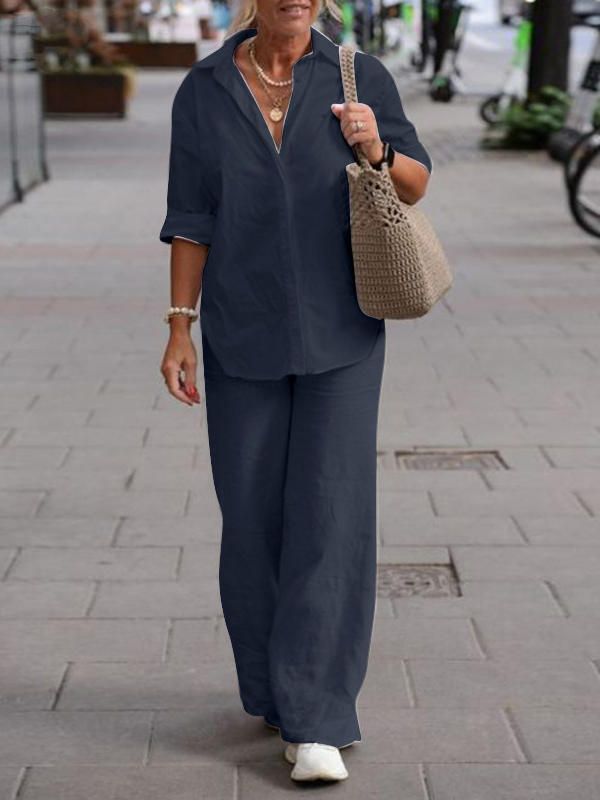 Lapel Long Sleeve Shirt Casual Solid Color Pants Wide Leg Suit