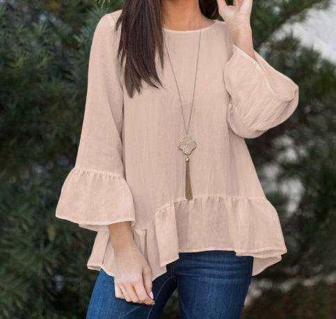 Round Neck Solid Color Three-Quarter Length Sleeve Pure Color Ruffles Cotton and Linen Top Shirt