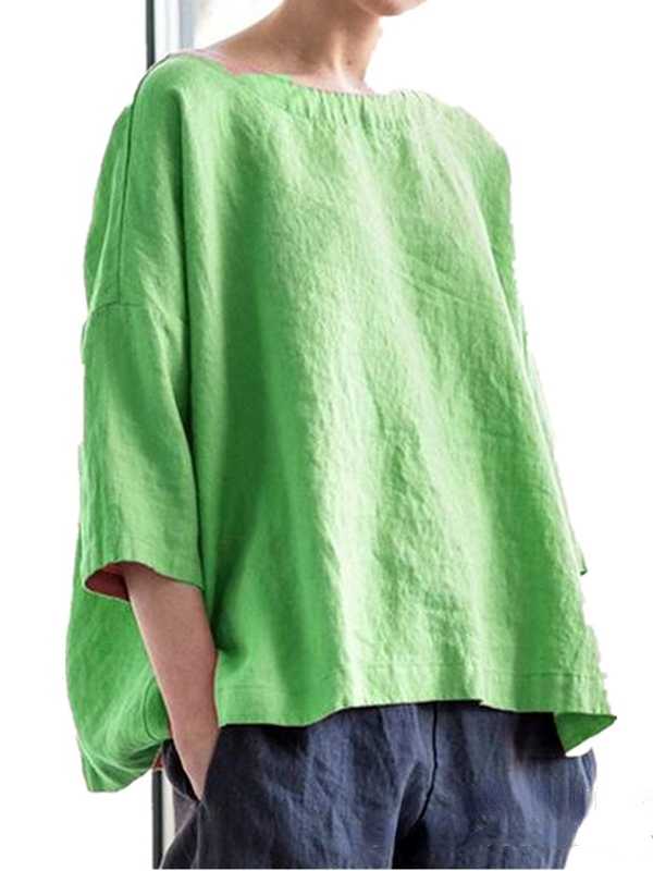 round Neck Cotton and Linen Loose Top All-Matching Smock Top
