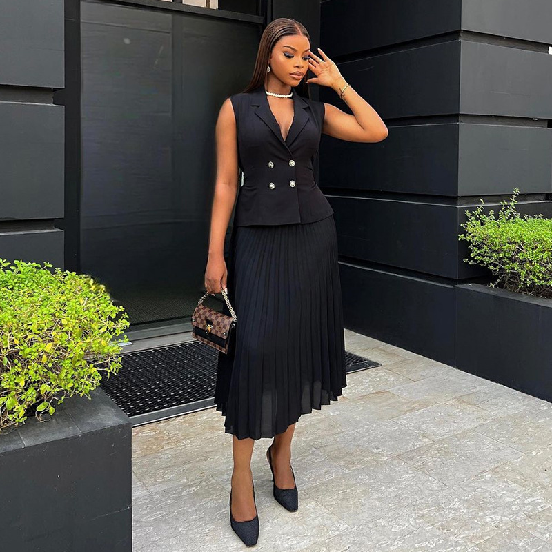 Suit Collar Double Breasted Vest Top Pleated Skirt Suit