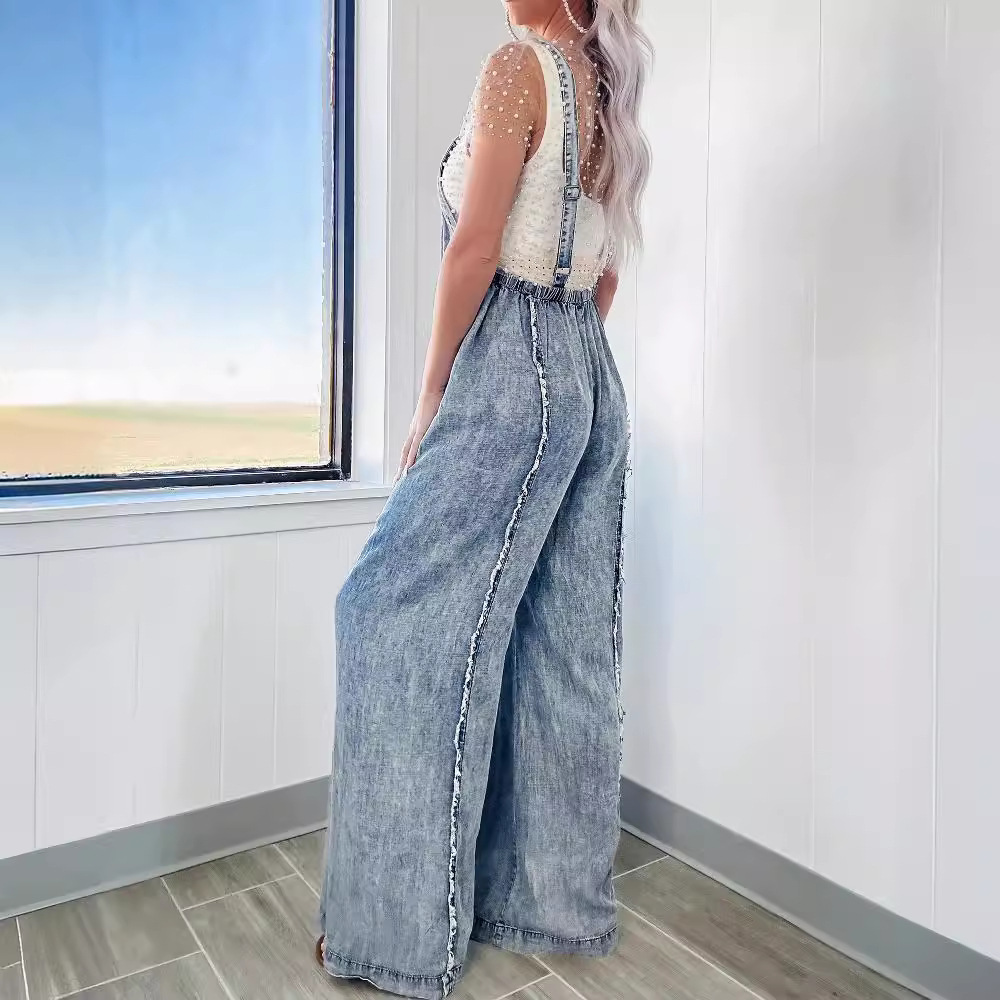Retro Washed Raw Hem Wide Legs Jumpsuit