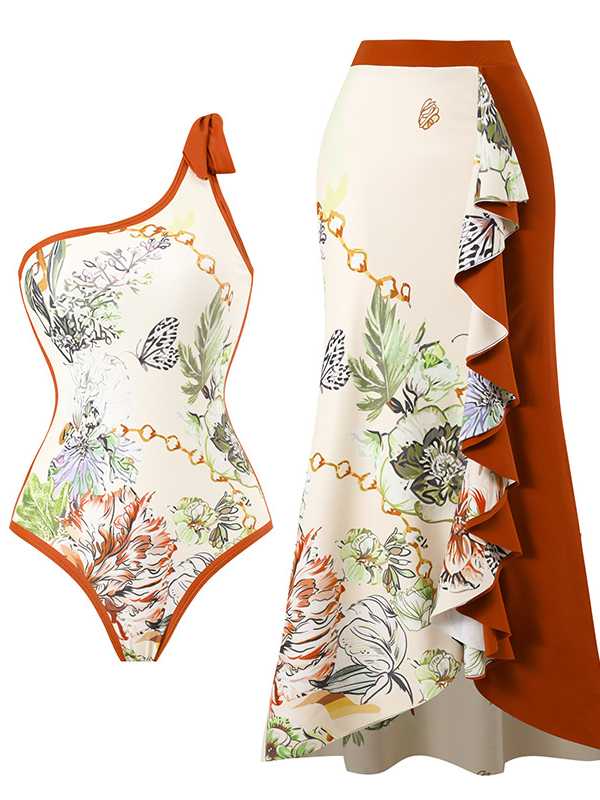 Printed Stitching Contrast Color Beach Sun Protection Skirt Swimsuit