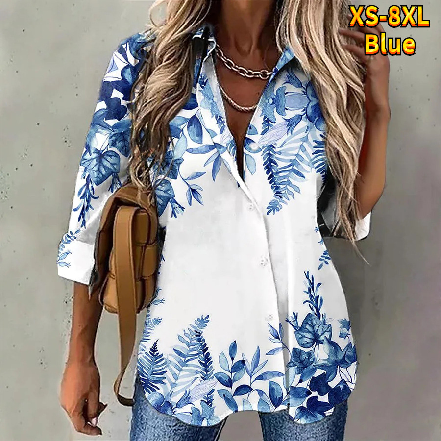 Leaves Printed V-neck Long Sleeve Button Shirt