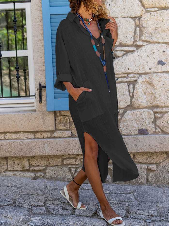 Solid Color Long Sleeve Split Casual Long Shirt Dress