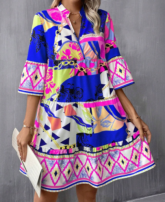 Printed Flared Sleeve Ruffled Hem Dress