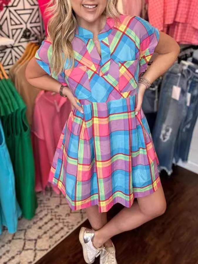 Short-Sleeved Printed Waist-Controlled Loose Dress