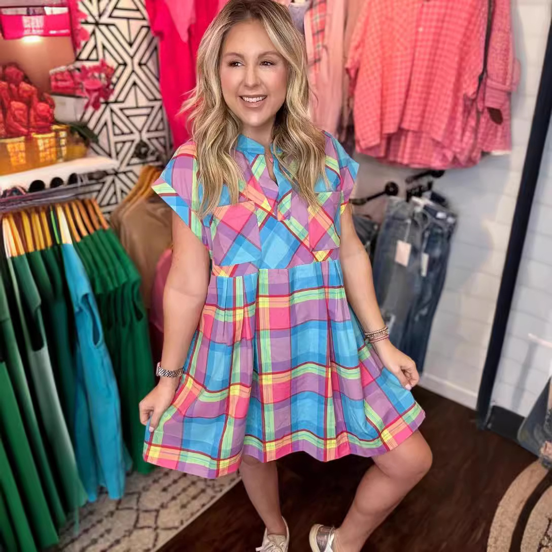 Short-Sleeved Printed Waist-Controlled Loose Dress