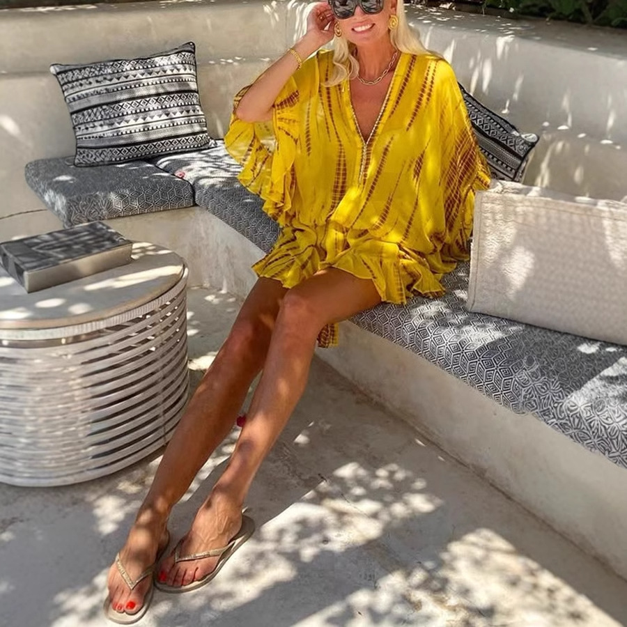 V Tie Diamond Printed Bat Sleeve Loose Dress