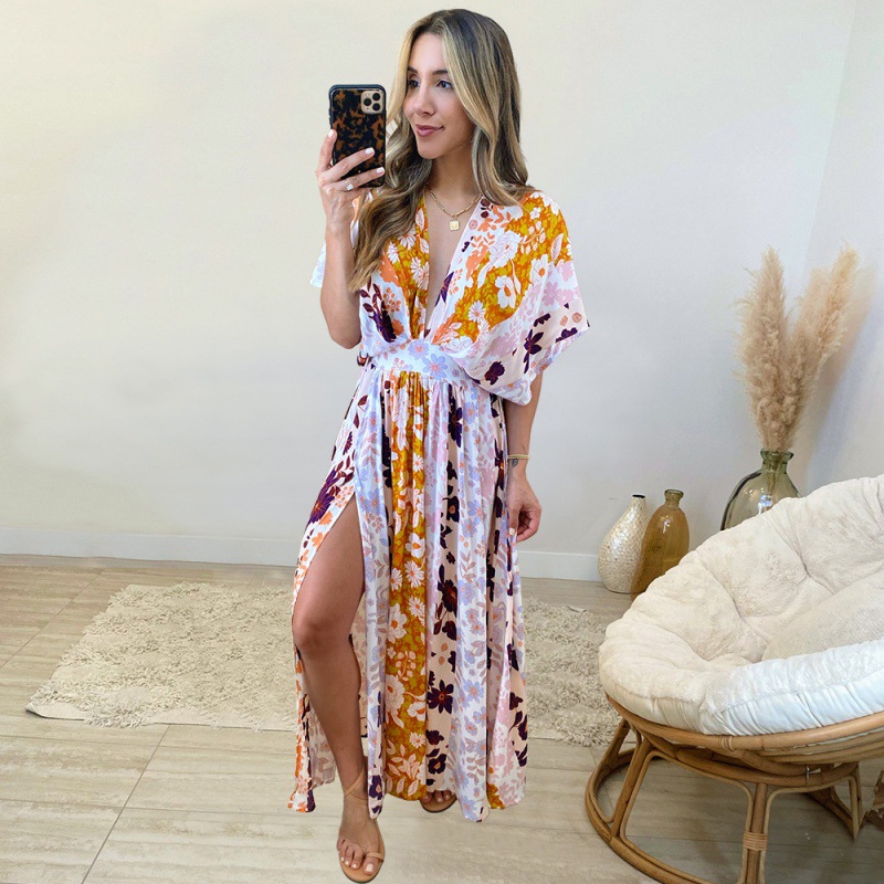 V-neck Printed Beach Dress Sexy Dress