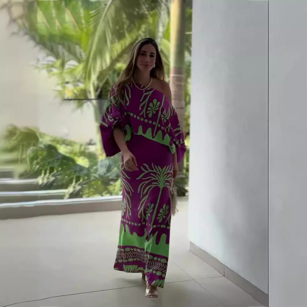 off-Shoulder Printed Long Sleeve Skirt Two-Piece Suit