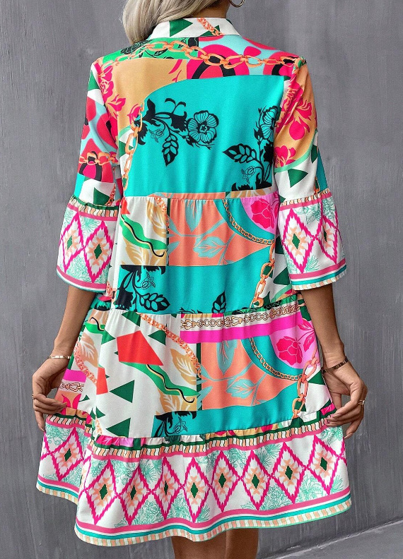 Printed Flared Sleeve Ruffled Hem Dress