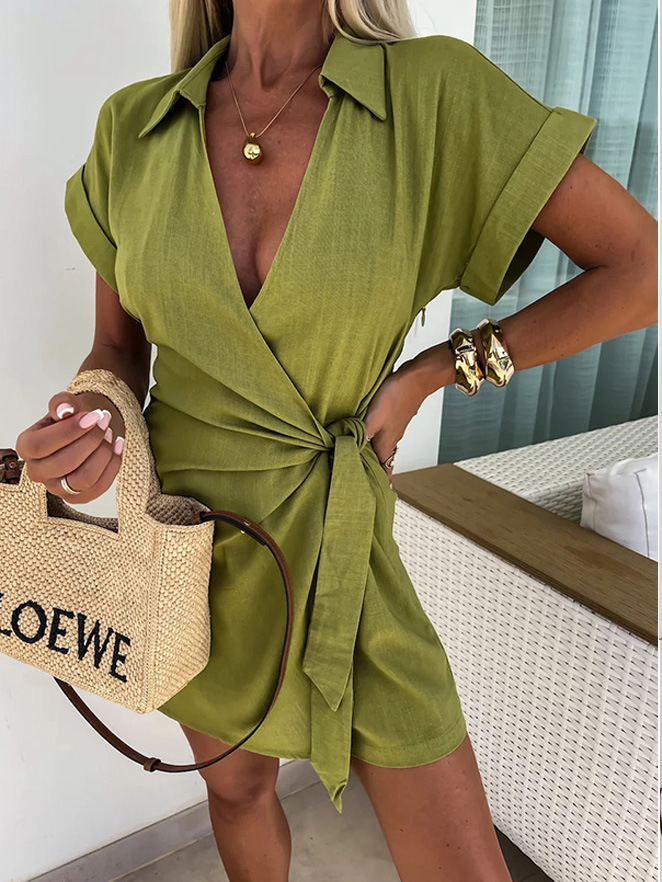 Lace-up Turn-down Collar Jumpsuit