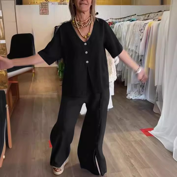 Solid Color Casual Short Sleeve Button Split Suit