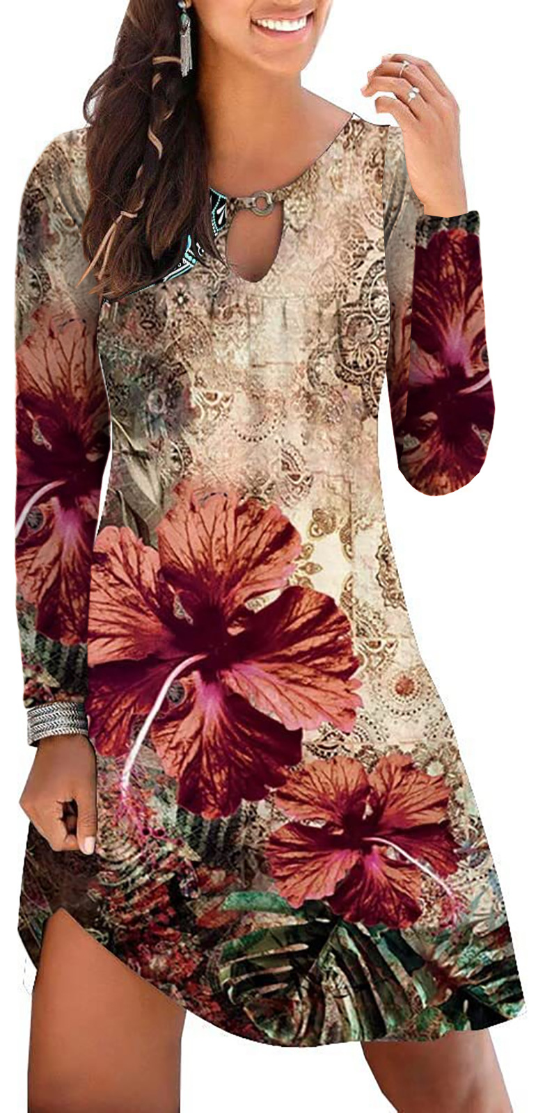 Casual and Sweet Printed round Neck Long Sleeve Dress with Pockets
