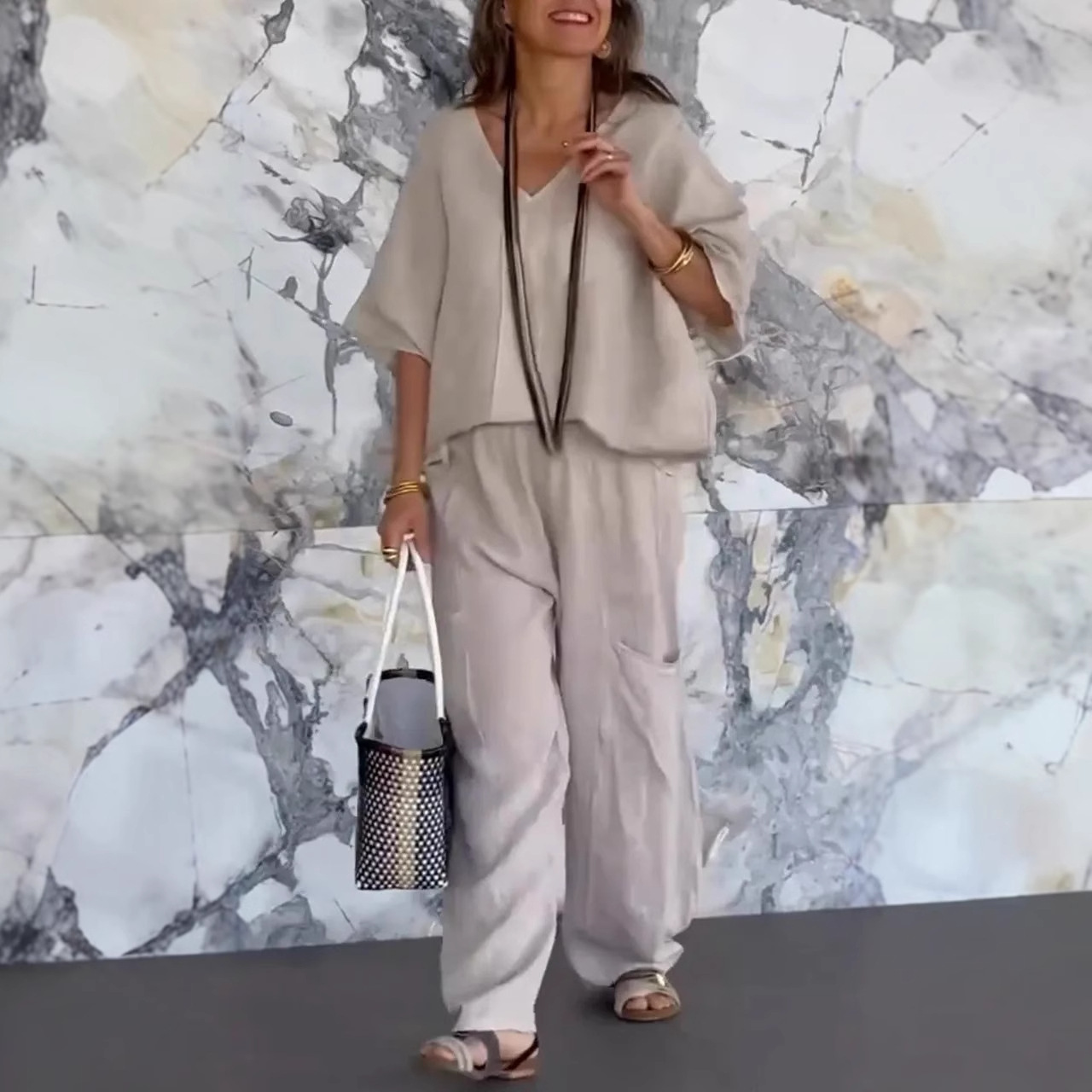 Casual V-neck Loose Pocket Two-piece Set