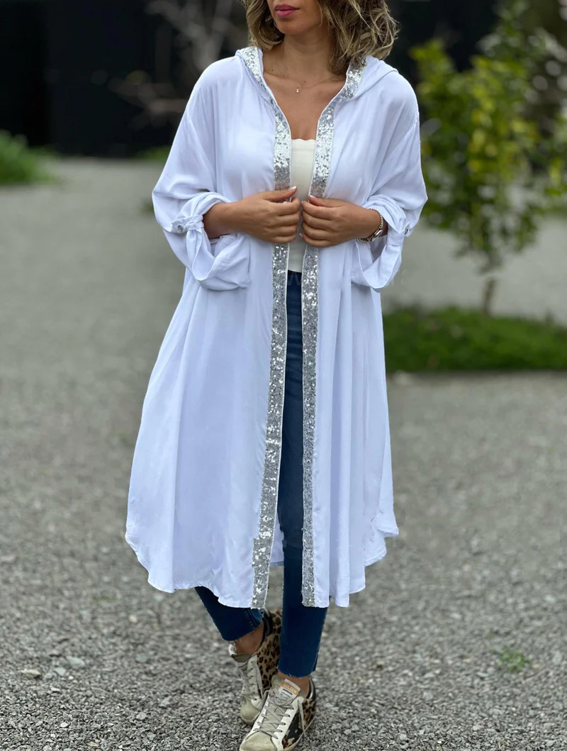 Solid Color Loose Casual Hooded Long Sequined Coat