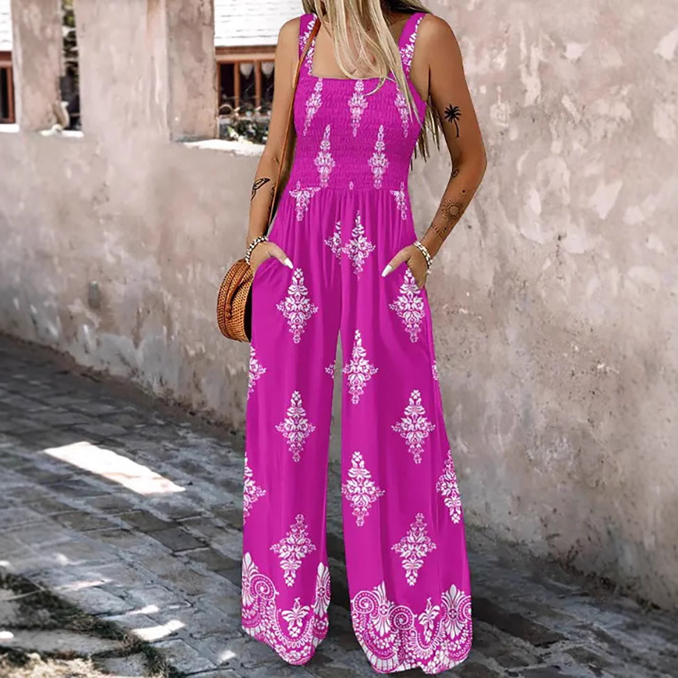 Fashion Printed Suspender Waist Jumpsuit