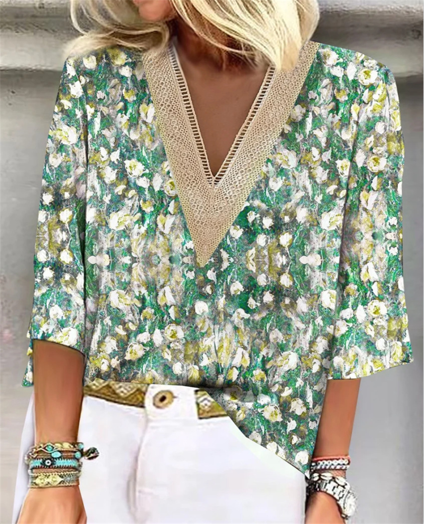 Lace Edge V-neck Casual Printed Shirt