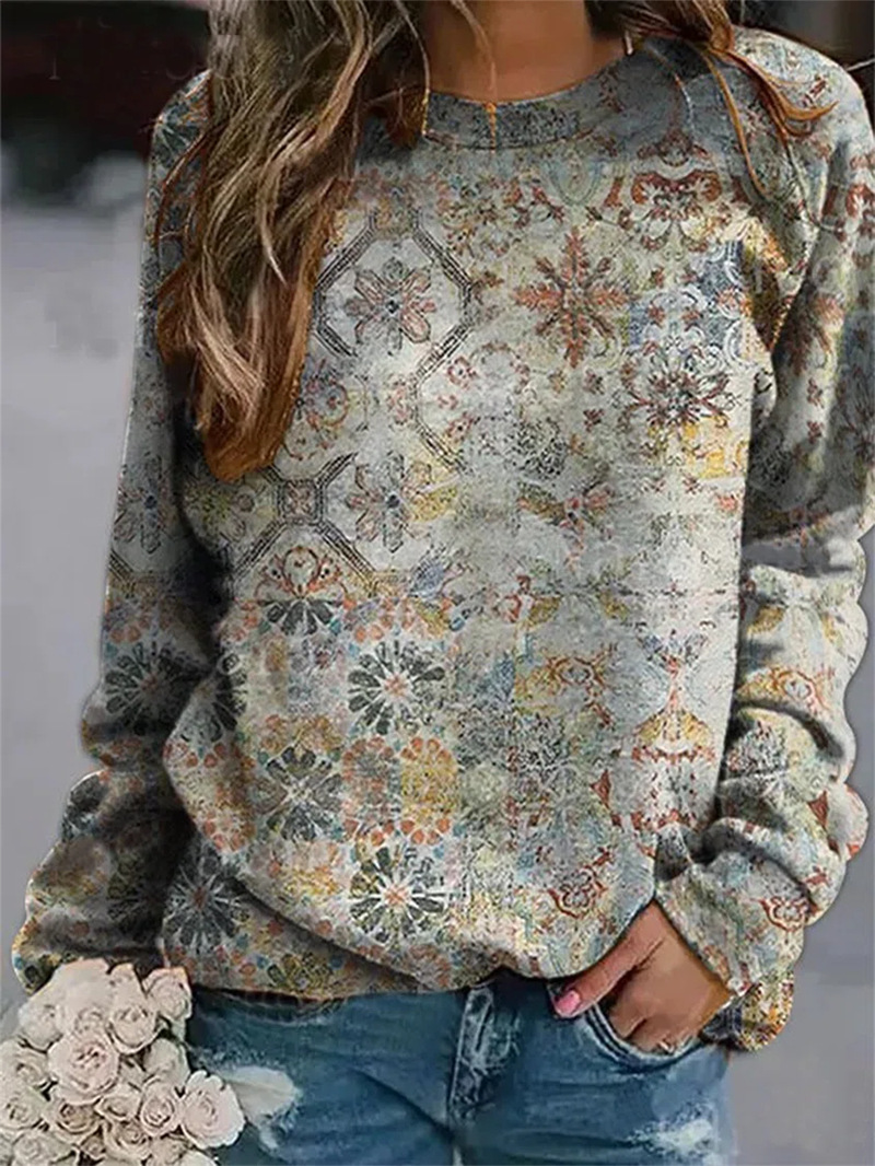 Loose Printed Long Sleeve Crew Neck Sweater