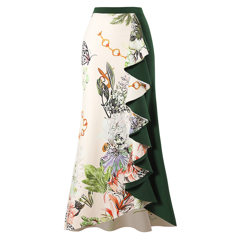 Printed Stitching Contrast Color Beach Sun Protection Skirt Swimsuit