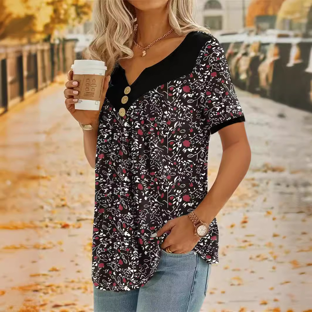 Floral Stitching Button Casual Short-Sleeved Top