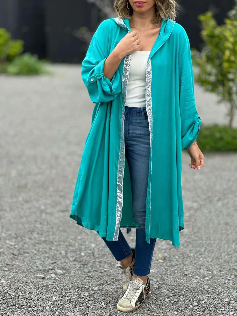 Solid Color Loose Casual Hooded Long Sequined Coat