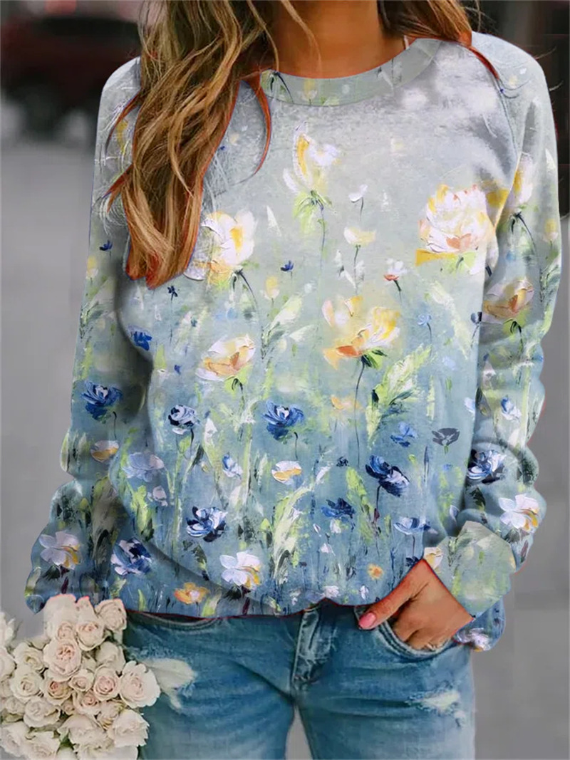 Loose Printed Long Sleeve Crew Neck Sweater