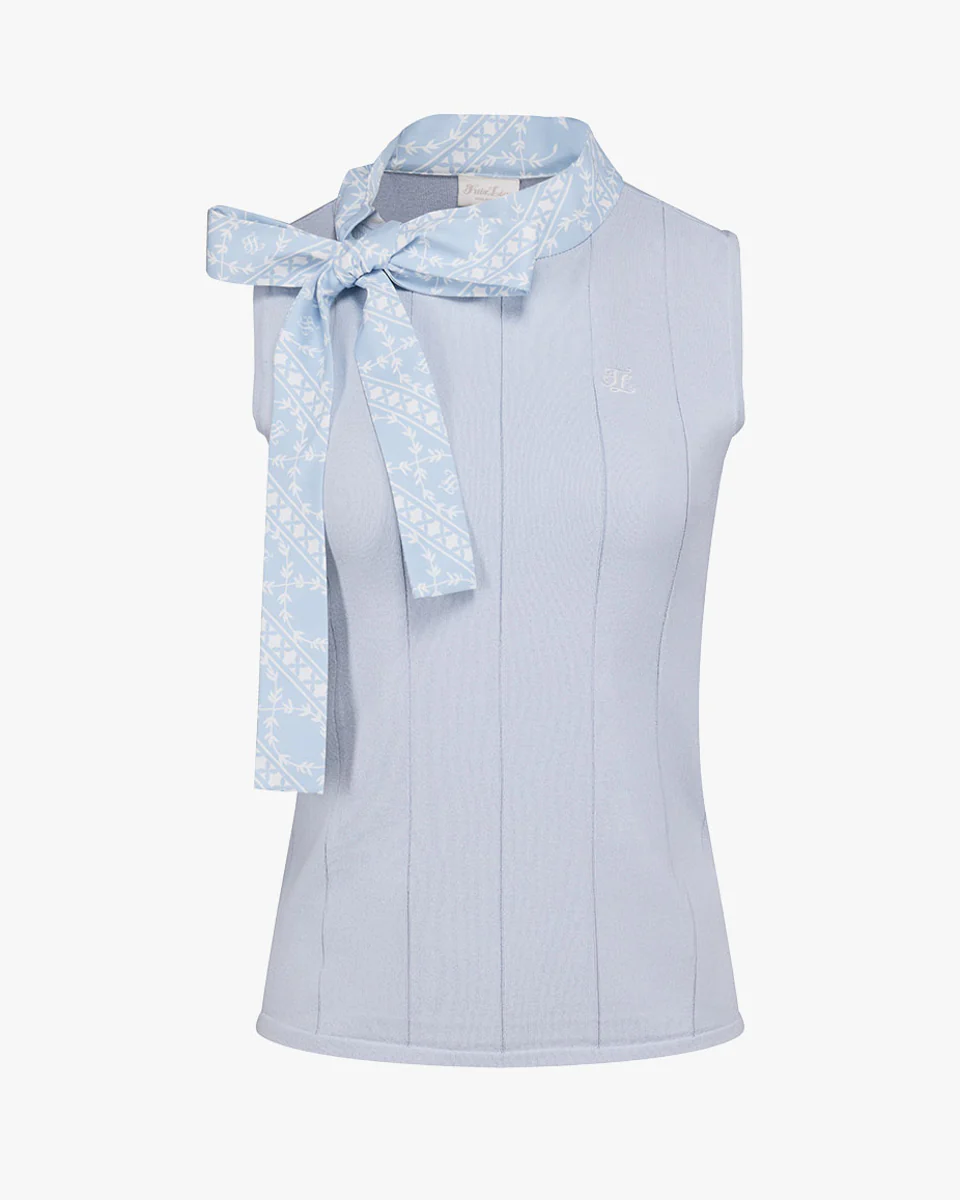 Patterned Neck Ribbon Sleeveless Knit (Blue)