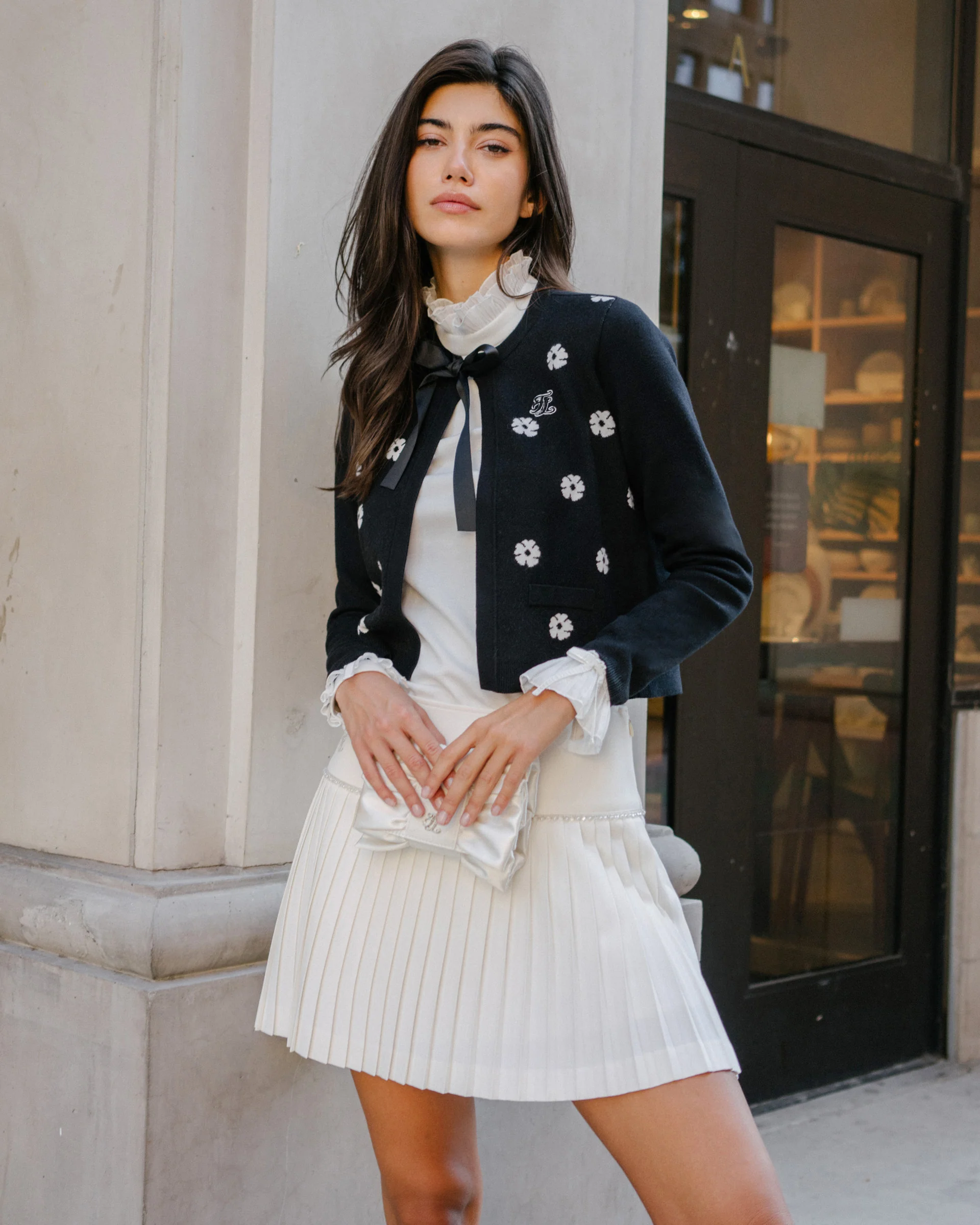 Flower Jacquard Open Ribbon Cardigan (Black)