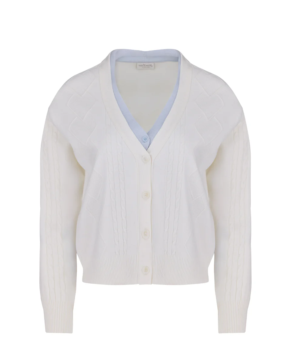 Double Color V Neck Cardigan (White)