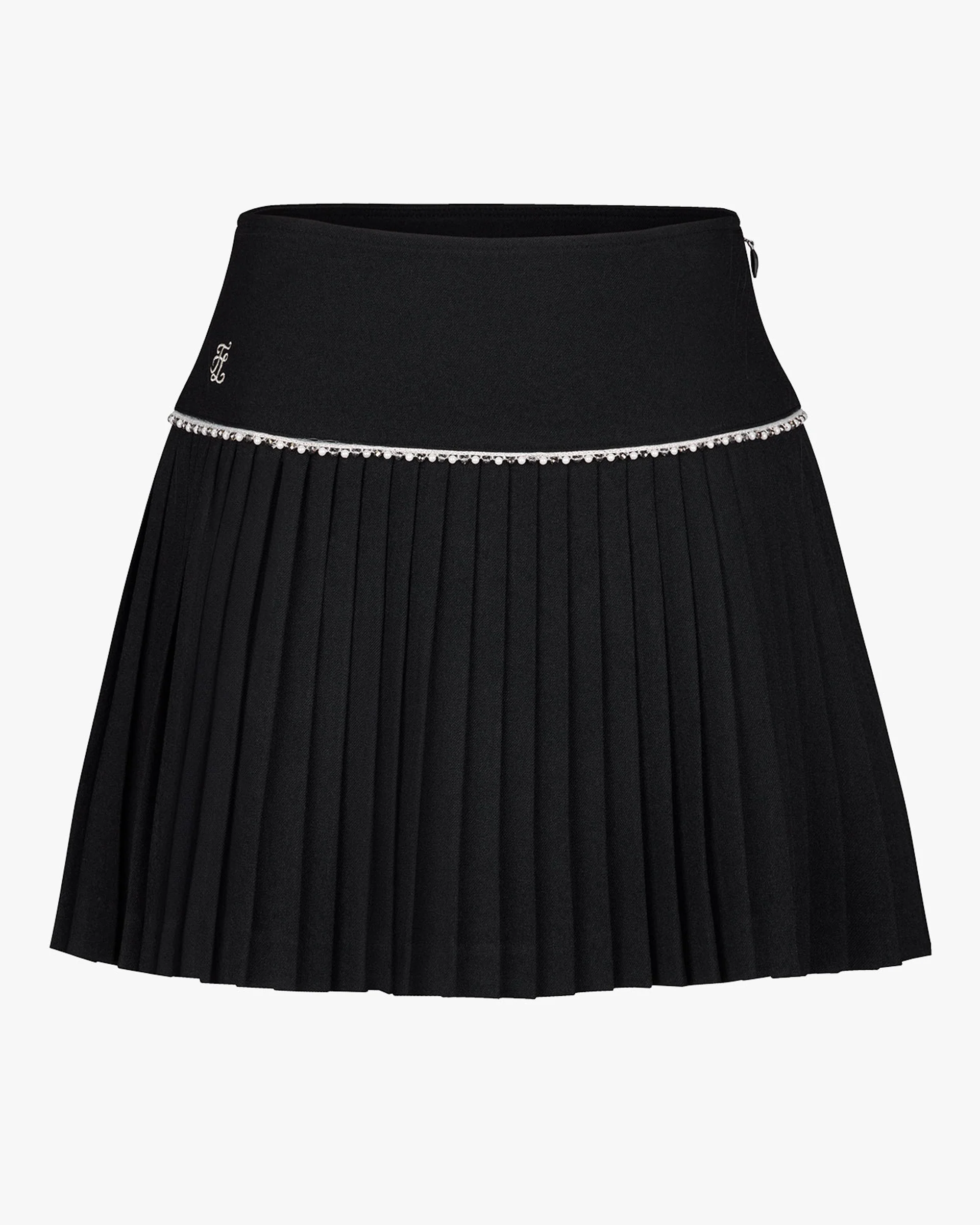 [FL Signature] Pearl & Bead Flare Pleated Skirt (Black)