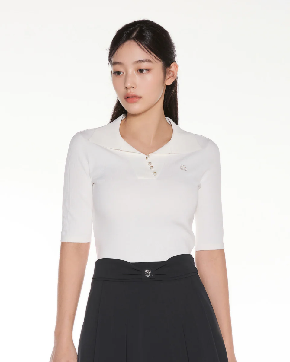 Open Collar Pearl Point Neck Knit (White)