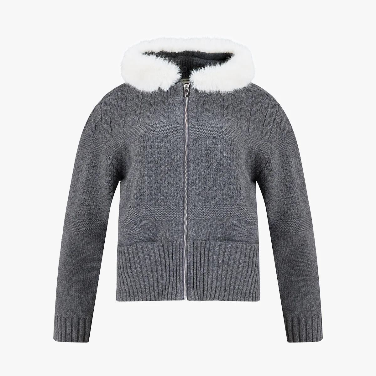 Fur Hooded Zipup Windproof Cardigan (Charcoal Grey)