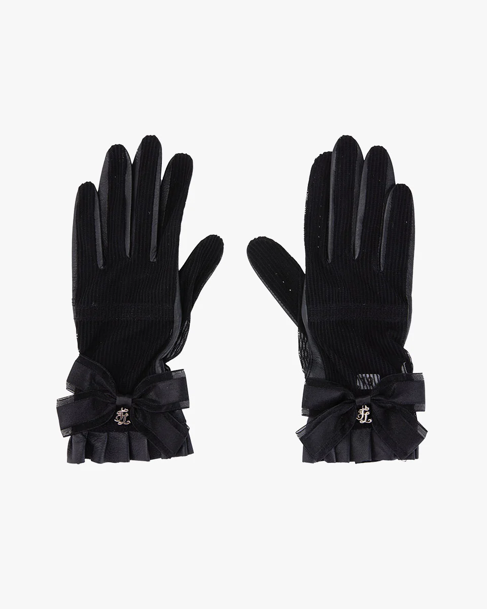 Sheepskin See through ribbon gloves (Black)