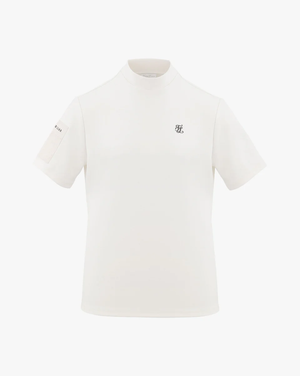 Men's high neck woven patch short sleeve T Shirt (Ivory)