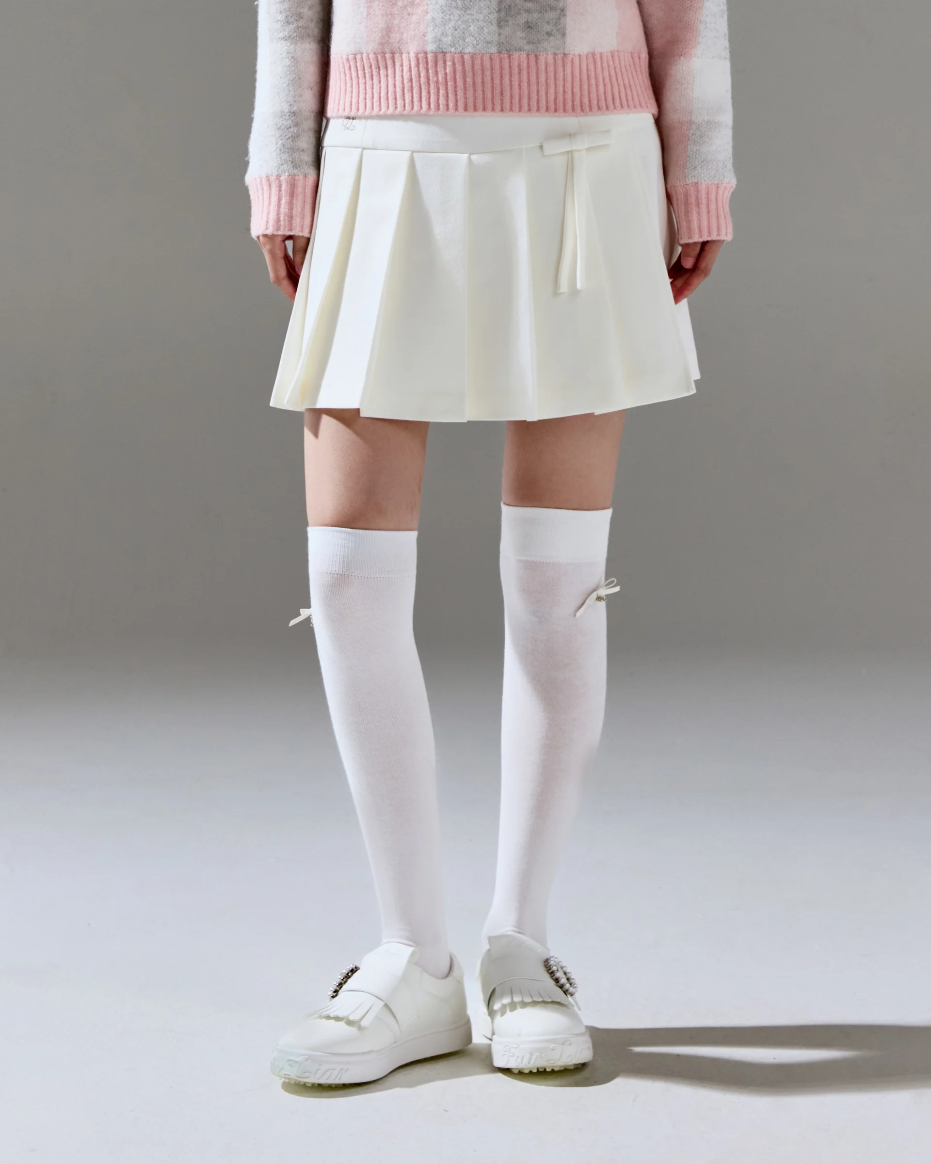 Ribbon pleated culotte pants (White)