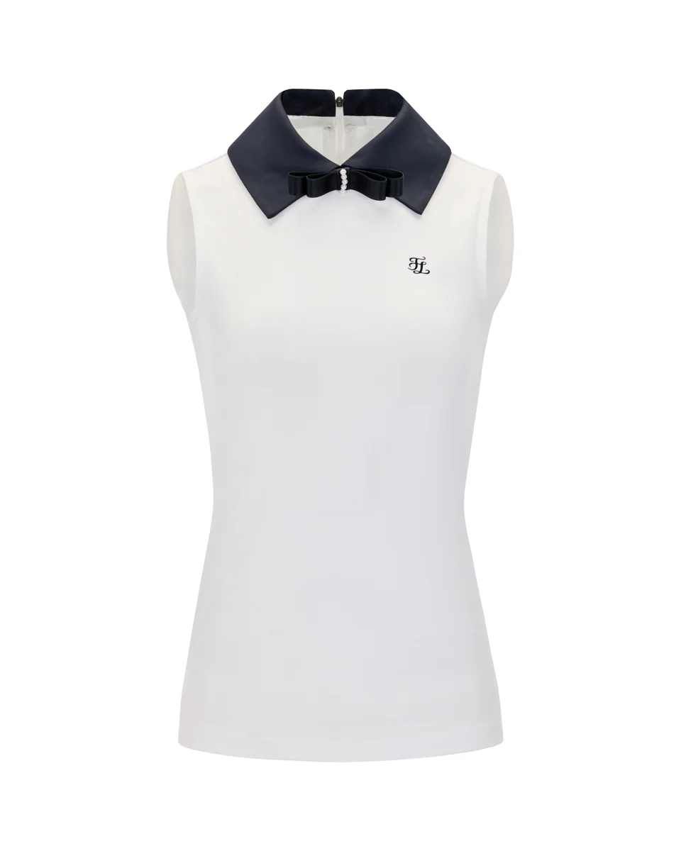 Big Collar Ribbon Sleeveless T Shirt (White)