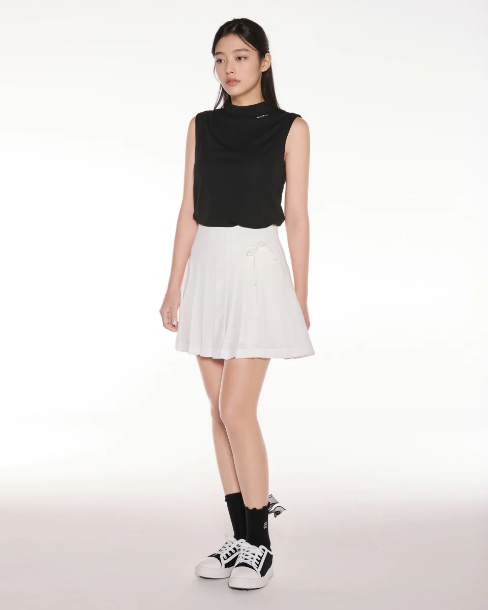 Asymmetrical Ribbon Pleated Skirt (White)