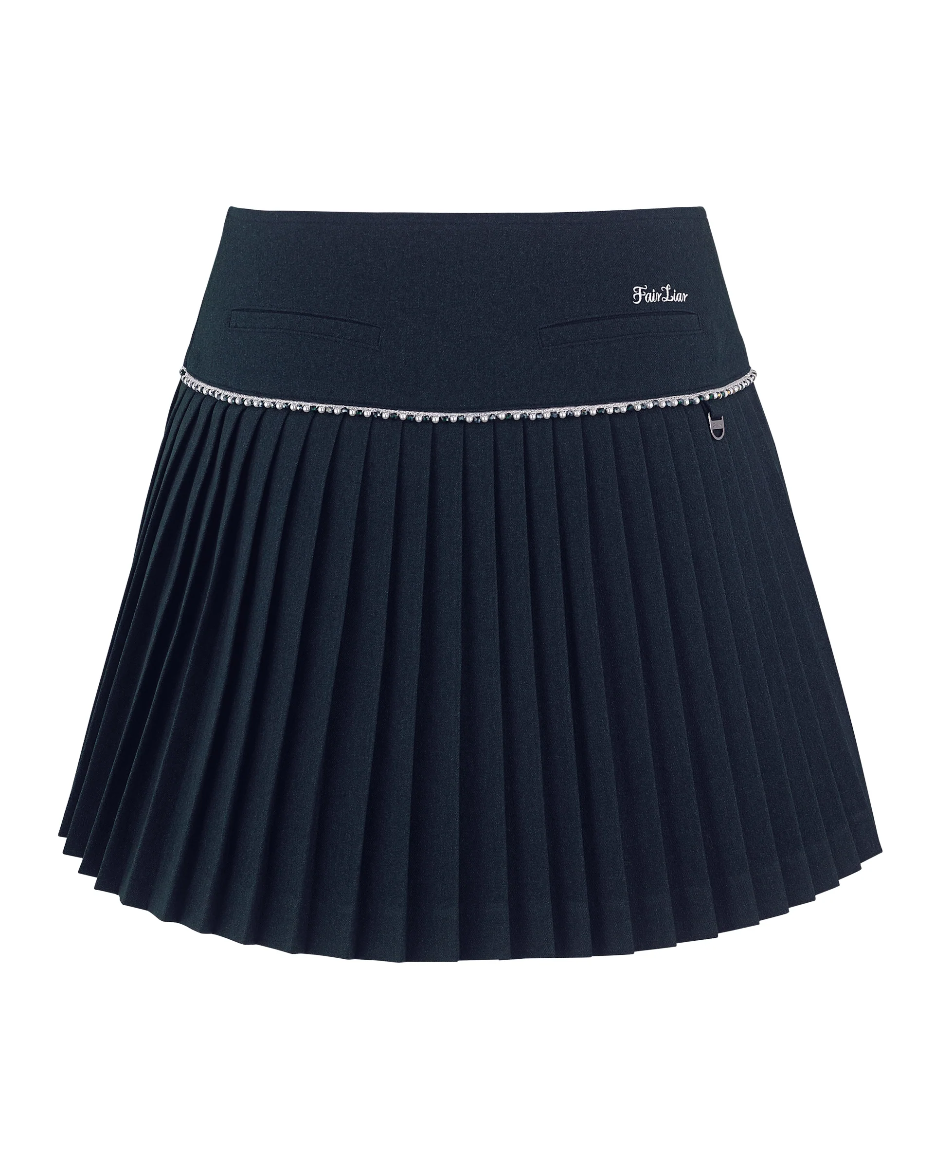 [FL Signature] Pearl & Bead Flare Pleated Skirt (Navy)