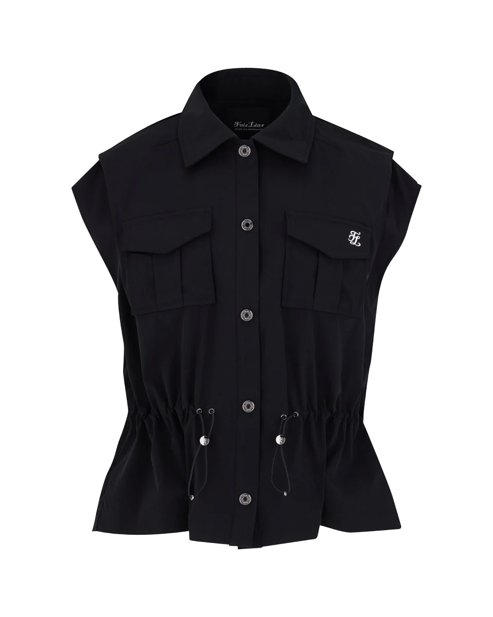 Pocket Collar Waist Band Vest (Black)