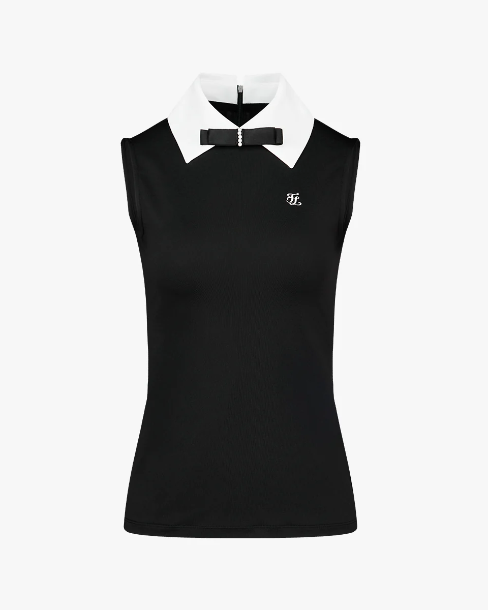 Big Collar Ribbon Sleeveless T Shirt (Black)