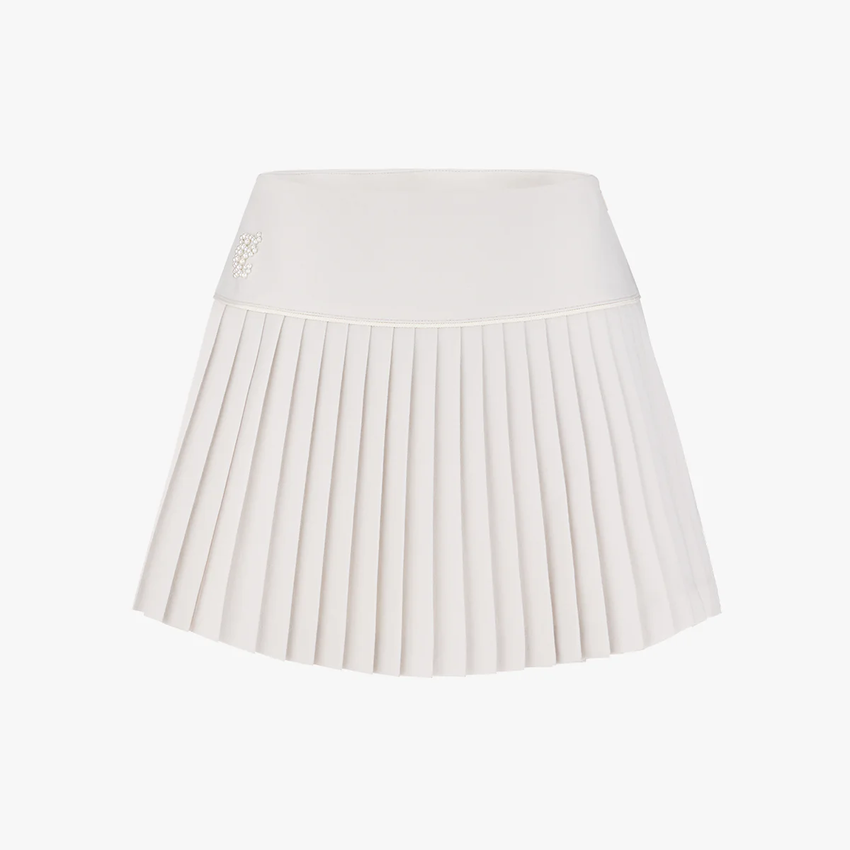 Pearl Logo Flared Pleats Skirt (Beige)