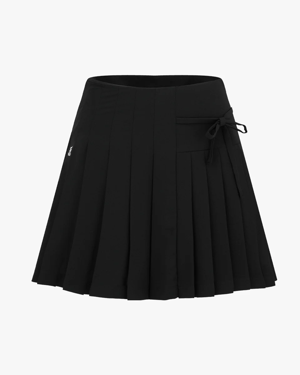 Asymmetrical Ribbon Pleated Skirt (Black)